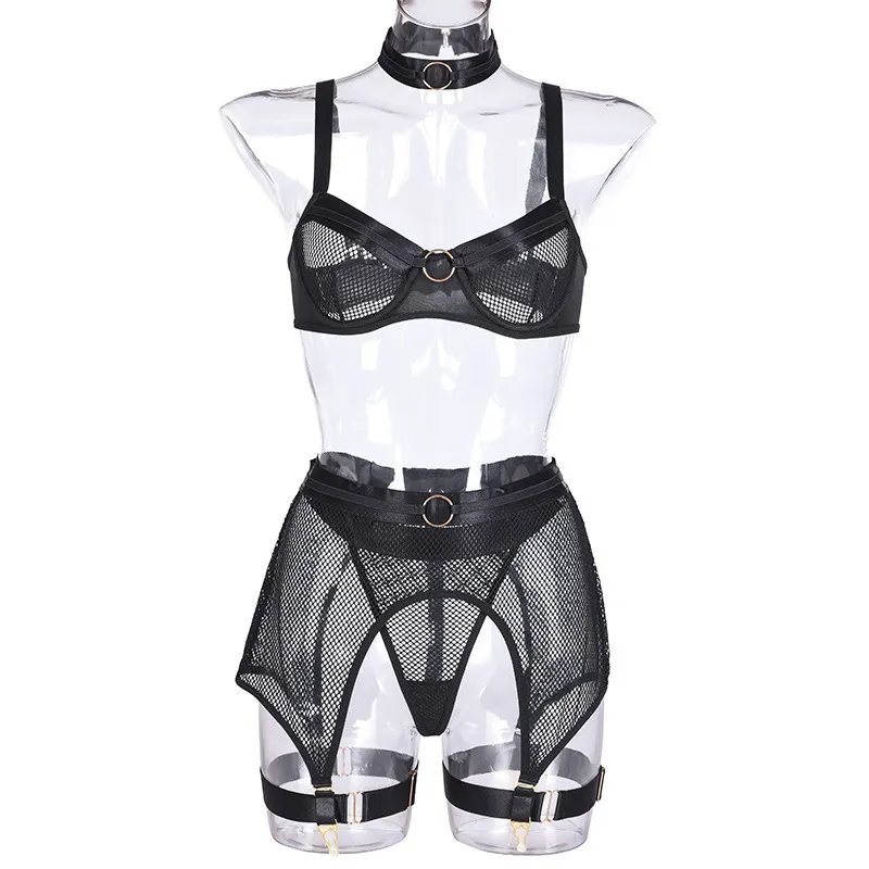Sexy Lingerie Four Piece Mesh Metal Stitching - Black