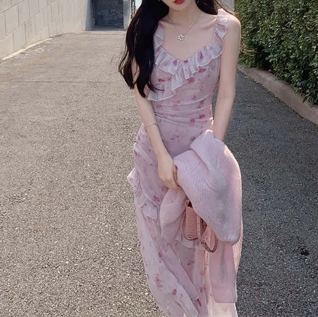 Chiffon Printed Dress Summer Mid Length Purple Flower - Shop at LoveMi