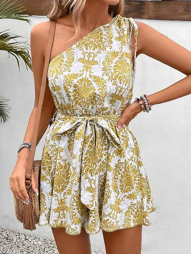 Printed Strapless Drawstring Sleeveless One shoulder Short Skirt Pants Summer Women's Jumpsuit Women's Pants Shorts Yellow - Shop at LoveMi