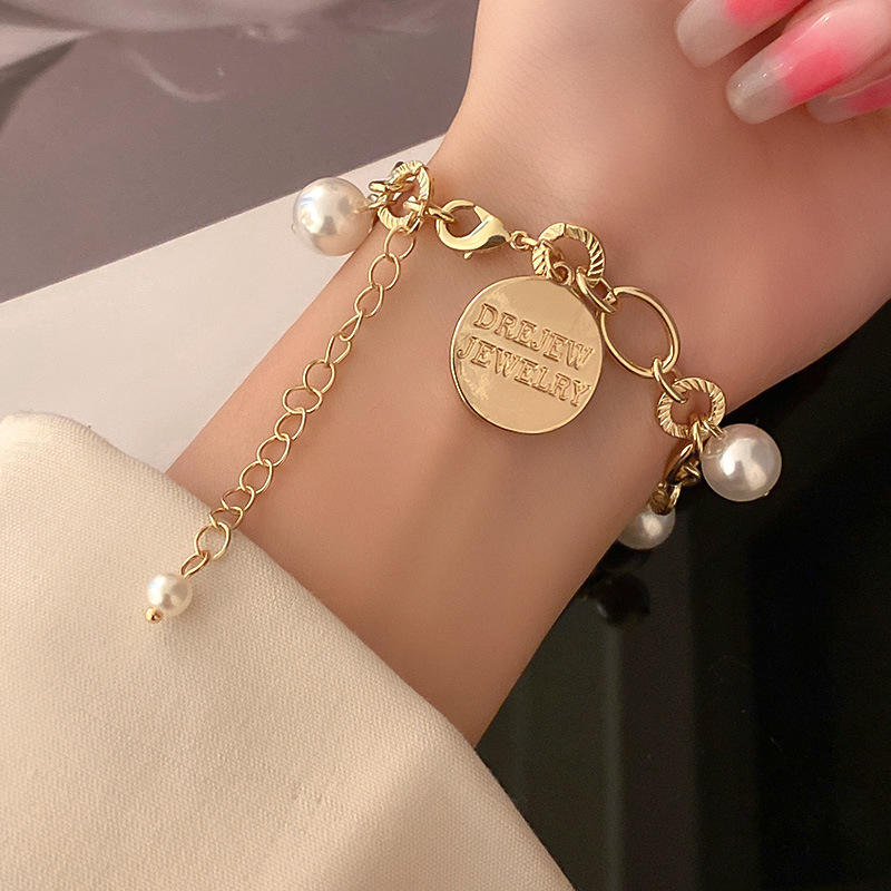 Retro Style Geometric Letters Round Brand Pearl Bracelet