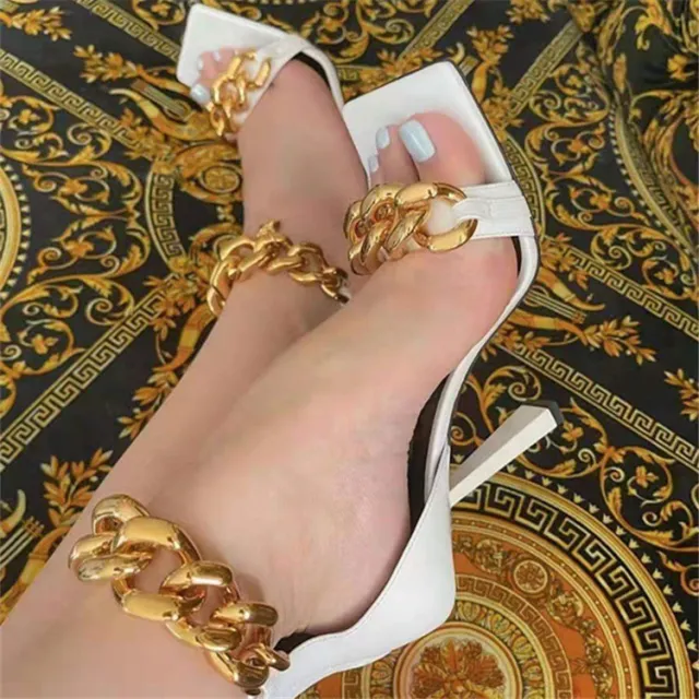 One Word Strap High Heel Sandals With Chain Square Toe White - Shop at LoveMi