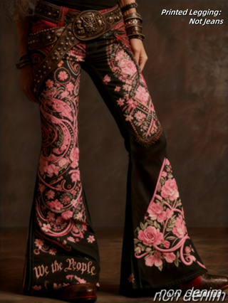Pantalon évasé femme rétro imprimé, taille haute à bouton unique – Color14, XXL