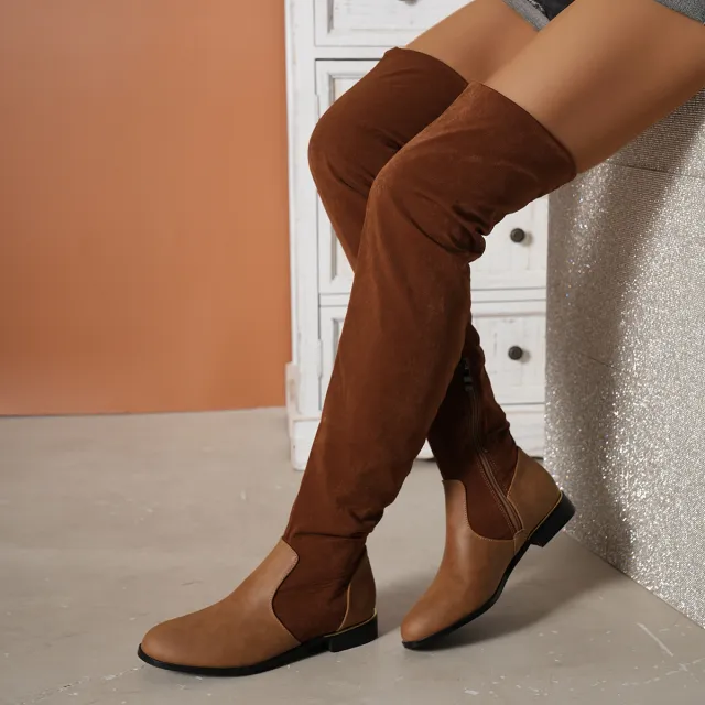 Fashion Over the knee Boots For Women Suede Stitching Low heeled Long Boots With Side Zipper Design Party Shoes Winter Brown - Shop at LoveMi