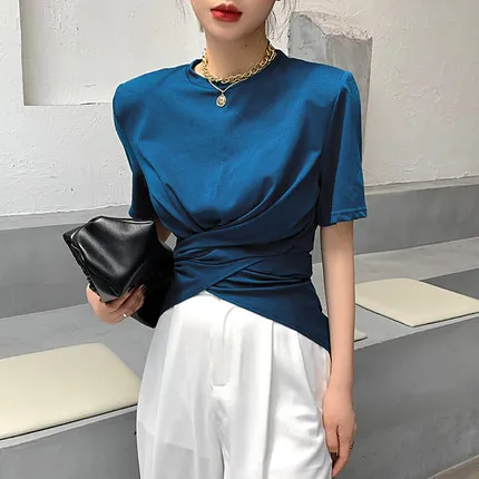Women's Cross Irregular Design Sense Blouse Blue - Shop at LoveMi