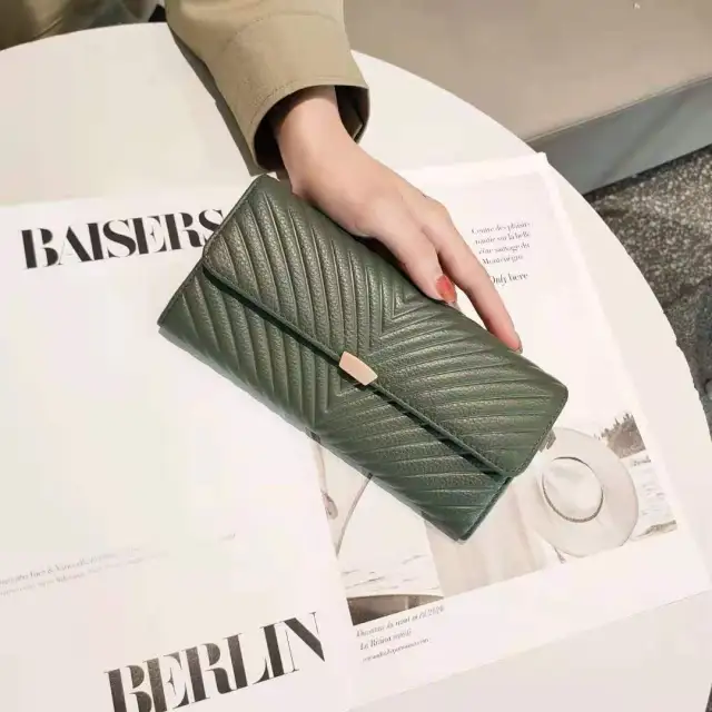 Large capacity Leather Zipper Two fold Long Clutch Green - Shop at LoveMi