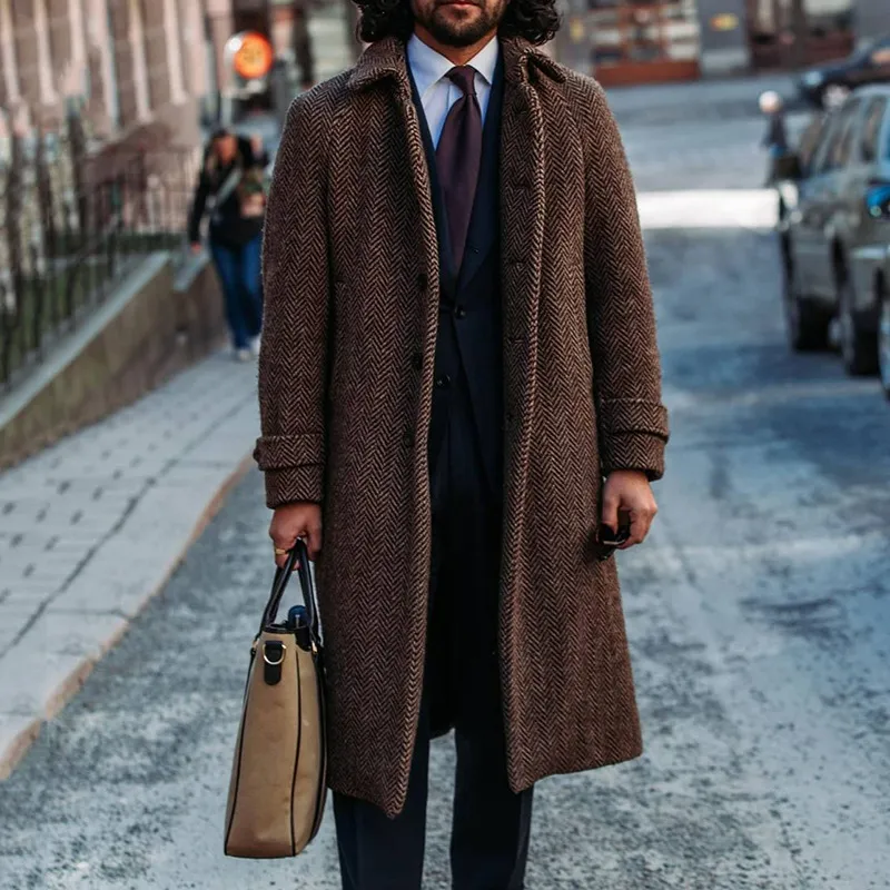 Men's Long Solid Color Loose Woolen Coat