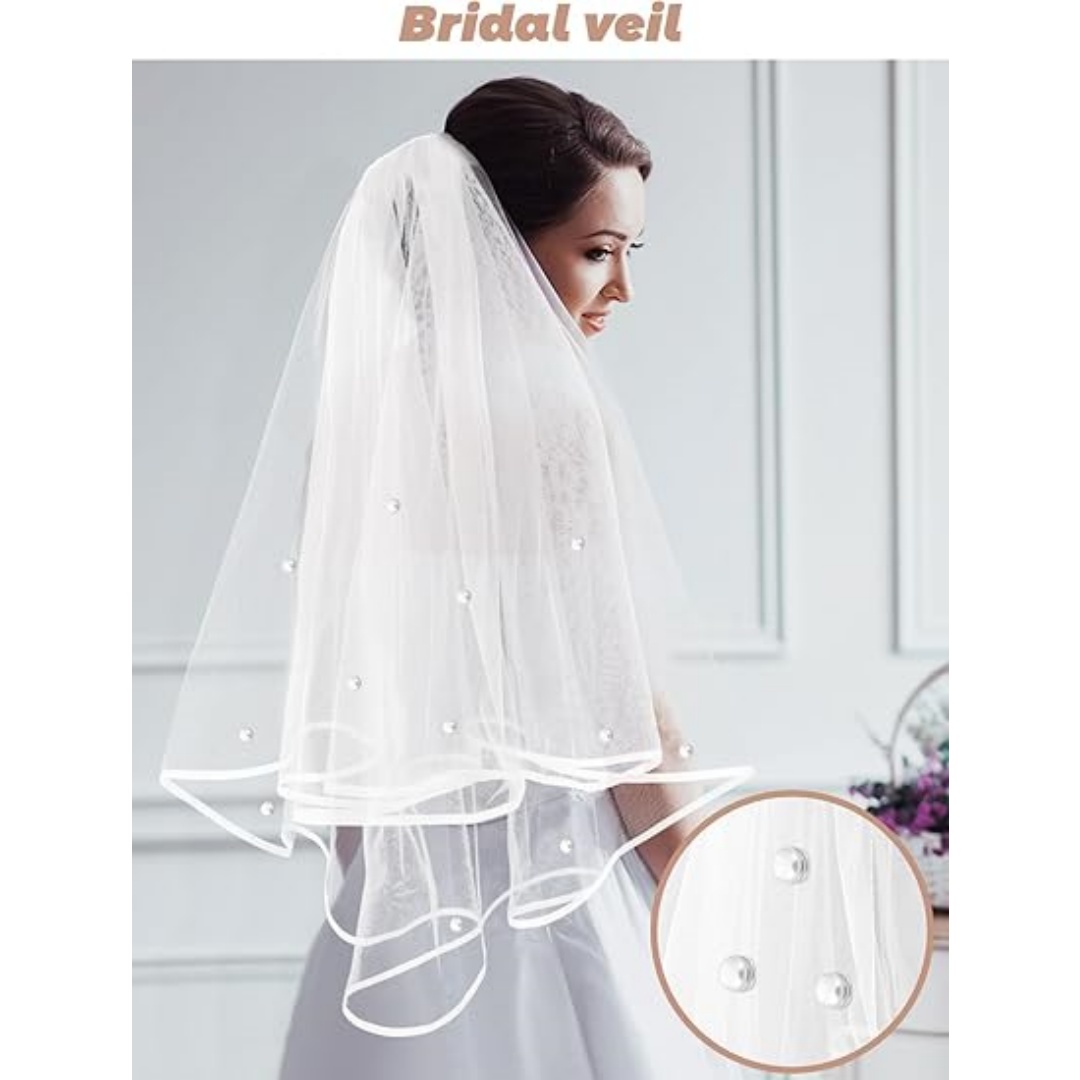 Bridal Veil Wedding Veil Weights Short 2 Tier Veil And 12 Pairs Veil Weights Magnetic Double Sided Artificial Pearls Silver Button For Bachelorette Party Bridal Shower Veil First Communion-Cl