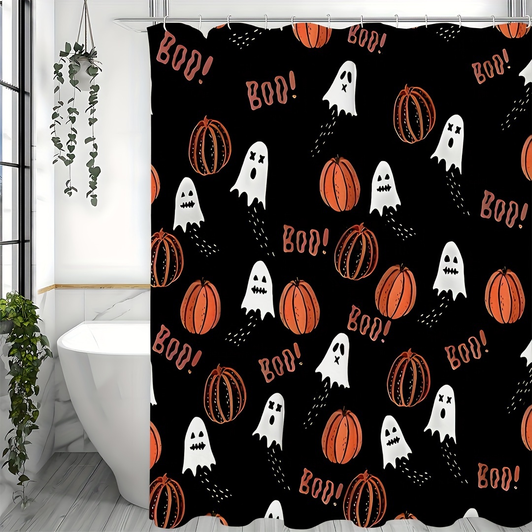 1PCS Halloween Cartoon Pumpkin Flower Print Shower Curtains Set, Waterproof Shower Curtain With Hooks, Bathroom Decor, Shower Curtain Sets For Bathrooms