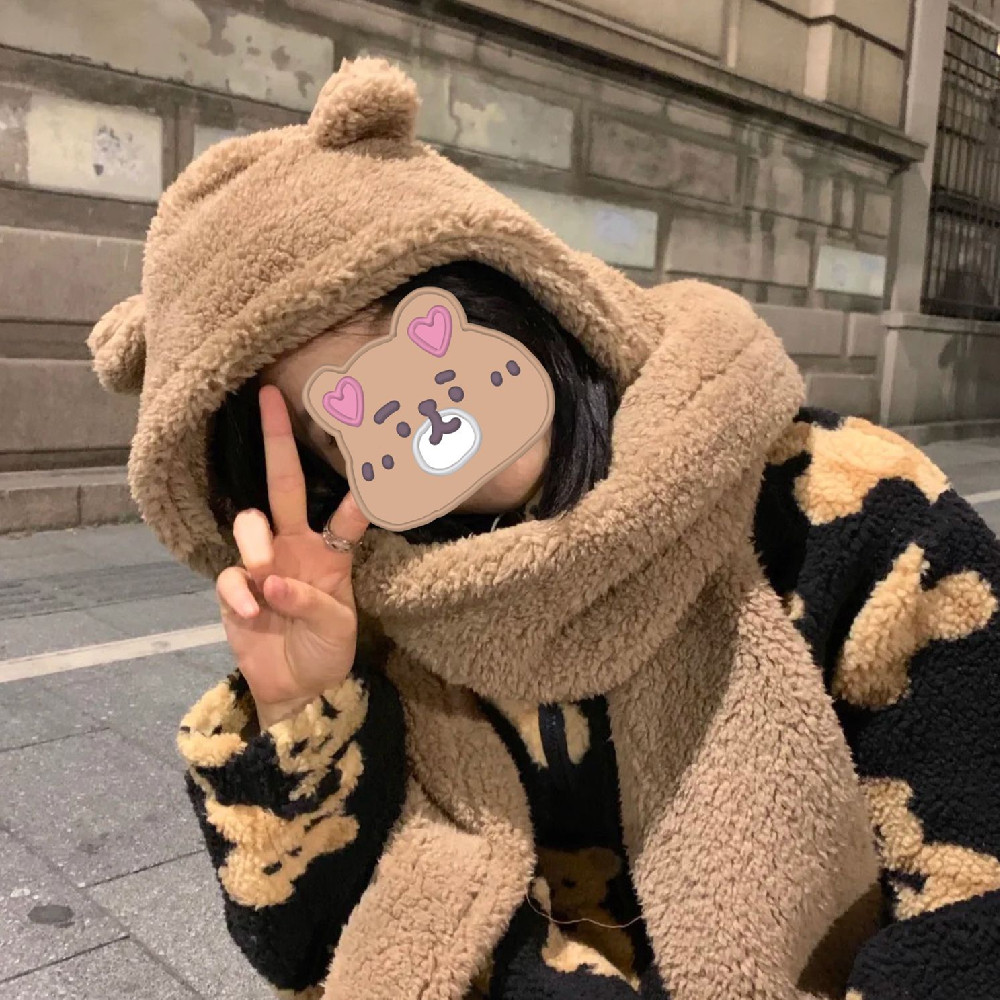 Bear Hat Scarf One Female Plush Warm Ear Protection Cute Bear Bib Suit