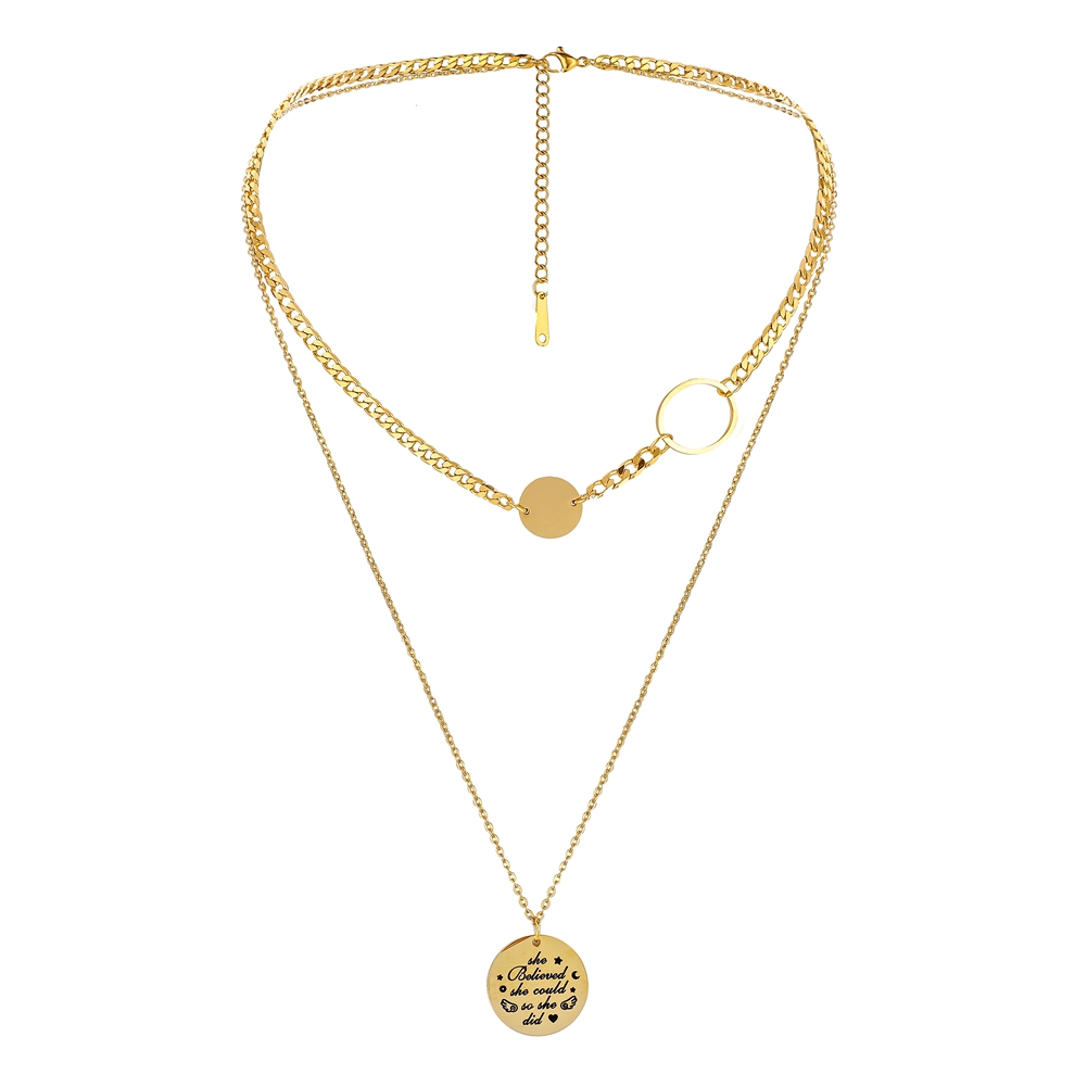 Stainless Steel Circle Coin Letter Double Necklace