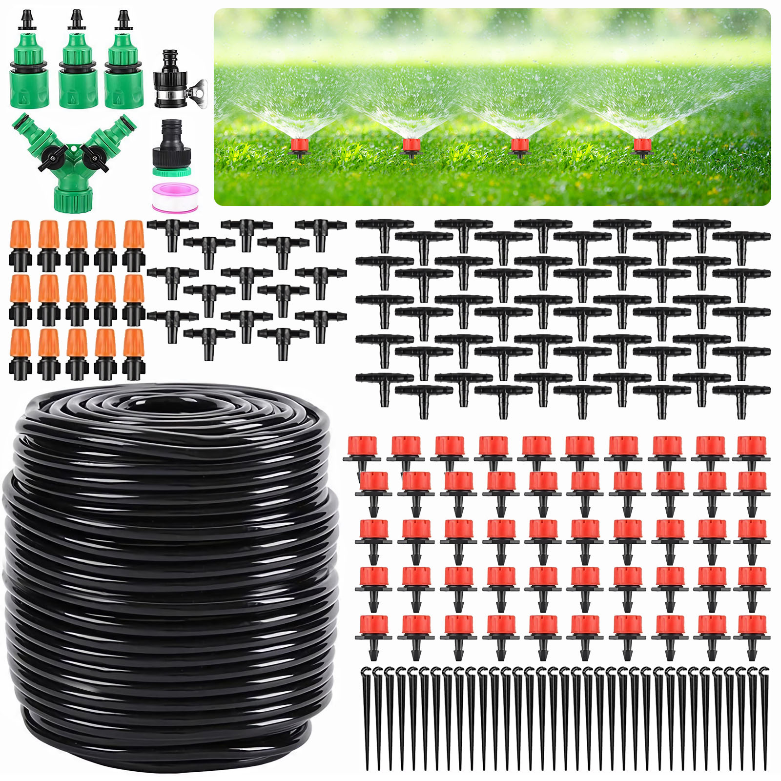 image of a Garden Drip Irrigation Kit with 164FT Greenhouse Micro Automatic Drip Irrigation System Kit, includes Blank Distribution Tubing Hose, Adjustable Patio Misting Nozzle Emitters, Sprinkler Barb