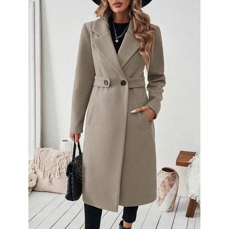 Women's Notch Lapel Trench Coat, Single Breasted Mid Long Casual Formal Outerwear For Fall Winter Khaki - Shop at LoveMi
