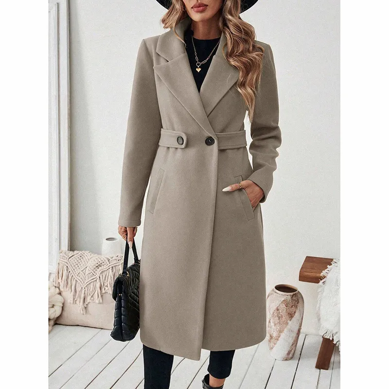 Women's Notch Lapel Trench Coat, Single Breasted Mid-Long Casual Formal Outerwear For Fall Winter - Khaki