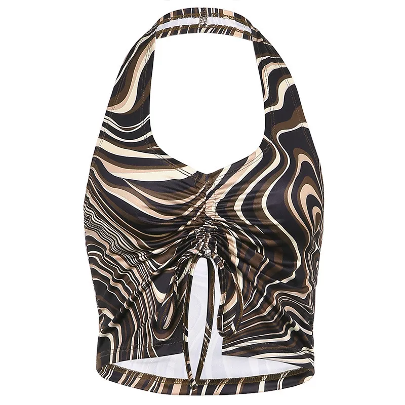 Net Red Fashion Street Personality Summer Irregular Stripe Printing Halter Neck V Neck Small Camisole - Brown