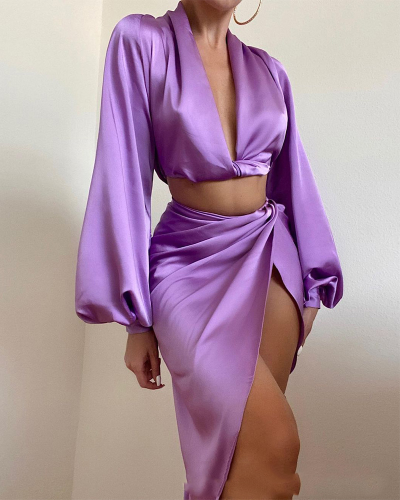 Fashion V-neck Split Satin Sexy Two-piece Suit