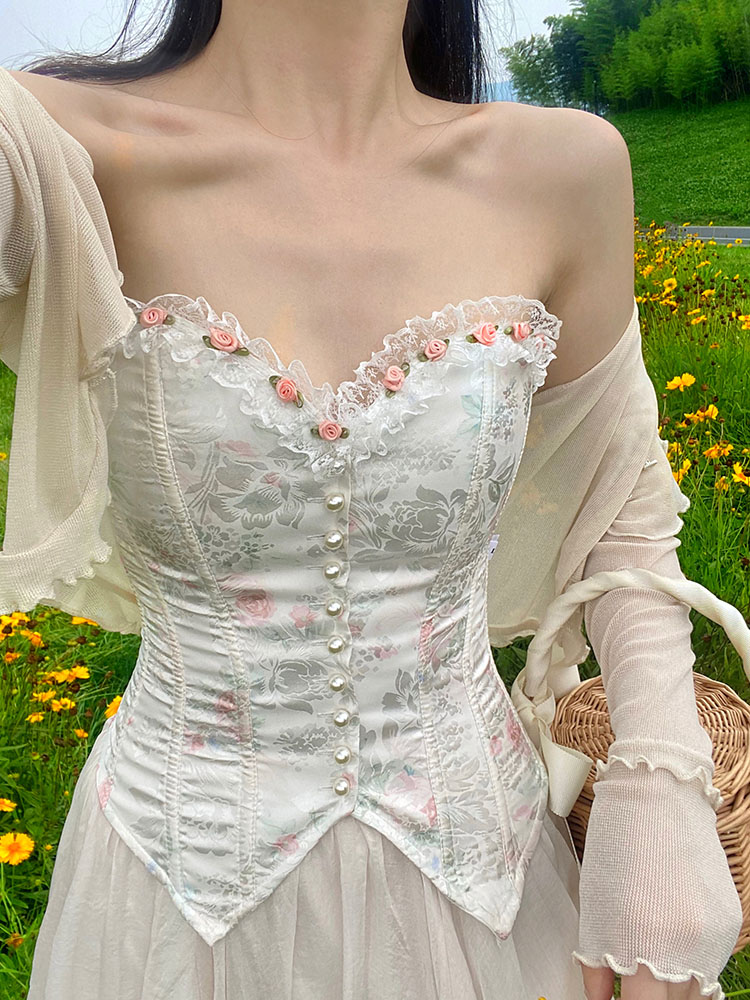 Sorozien Peony French Retro Sexy Jacquard Satin Print Court Fish Bone Corset Bra Tube Top Summer