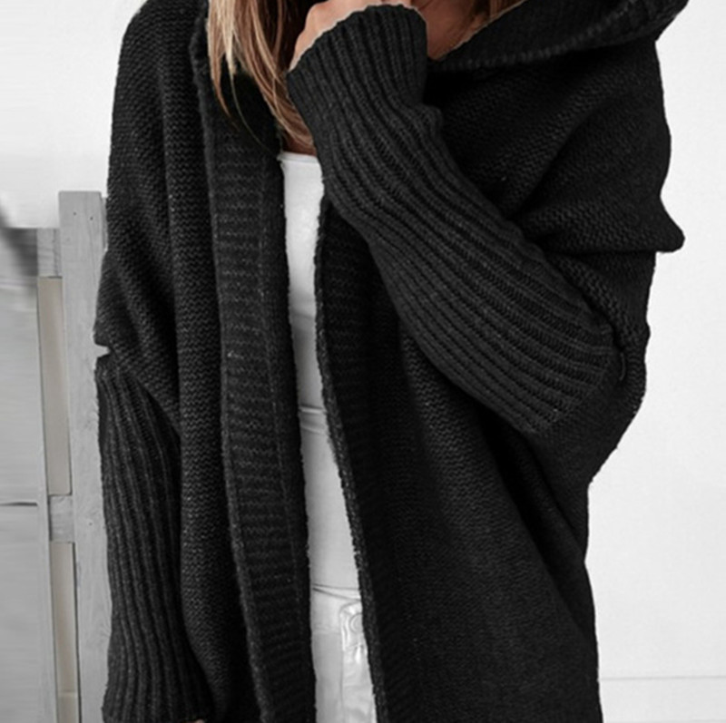 2026 Women's Hooded Batwing Sleeve Loose Backspliced Knitted Sweater Pullover