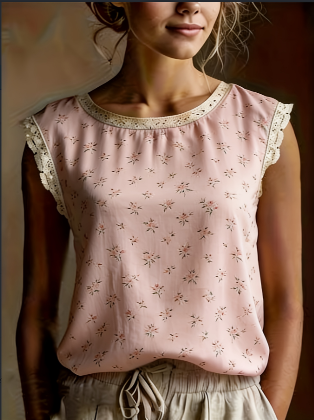 French Ditsy Floral Lace Flutter Sleeveless Blouse