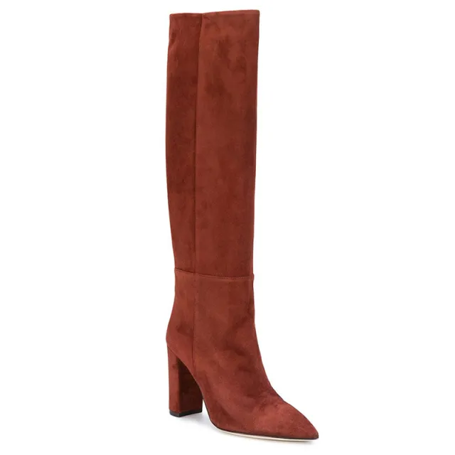 Brown Pointed Toe Thick High heeled Knee Boots Brown - Shop at LoveMi