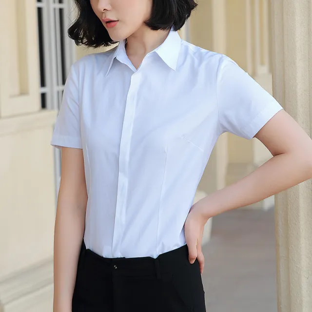 Women's Casual Short Sleeve Slim Shirt 2078Pointed Collar White - Shop at LoveMi