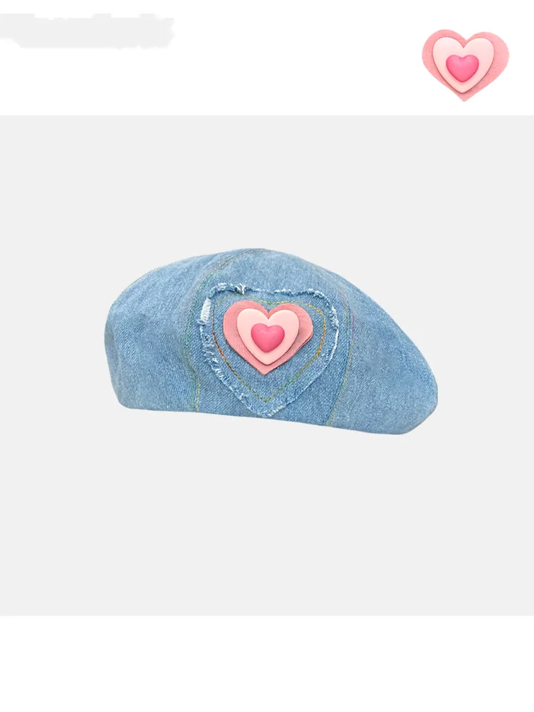 Japanese Sweet Love Denim Beret - Blue