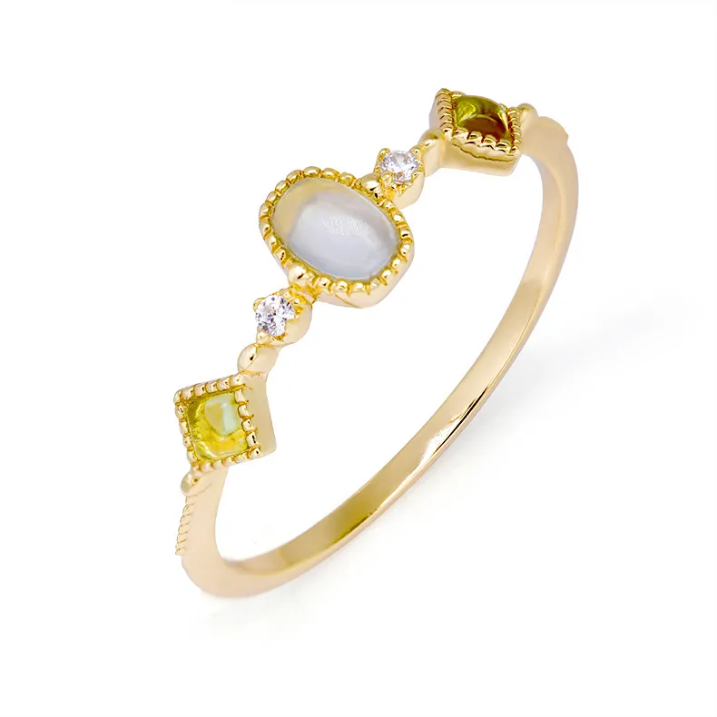 14K Yellow Gold Inlaid Navy Green Olive Ring