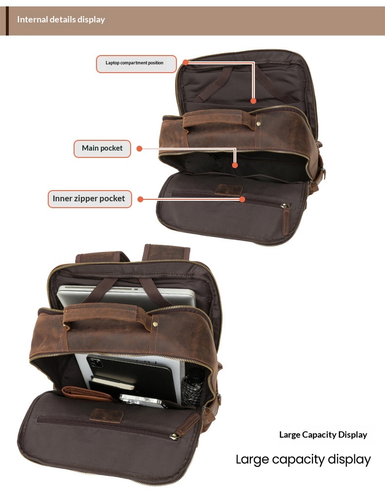 Leather Men's Computer Backpack, Leather Large Capacity Men's Business Travel Bag, Cowhide Backpack 5