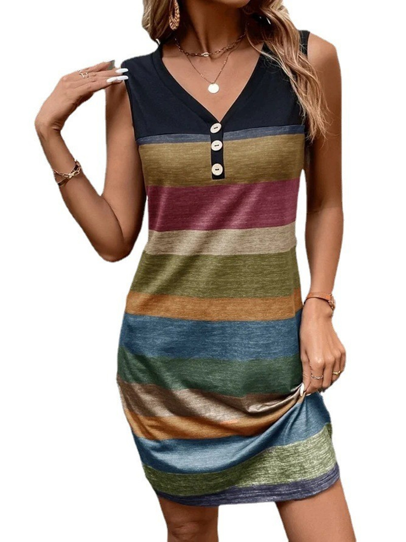 Striped Printed Button Loose Sleeveless Dress Multicolor - Shop at LoveMi