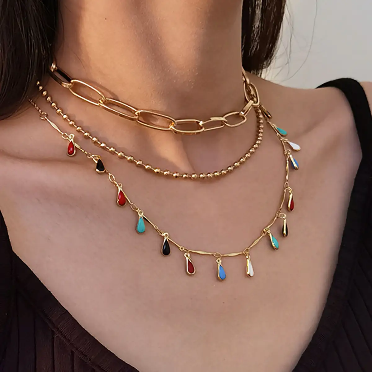Colorful Design Water Drop Tassel Joint Necklace