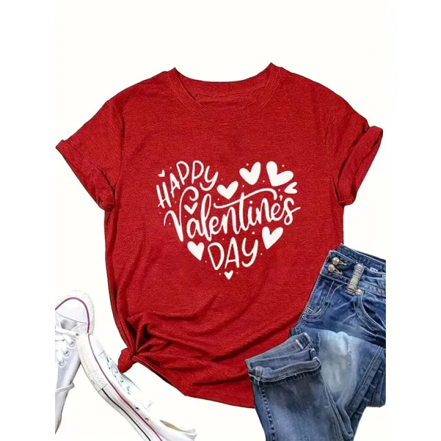 Women's Round Neck Short Sleeve Top Heart shaped Letter Print Casual Summer Tee Red - Shop at LoveMi
