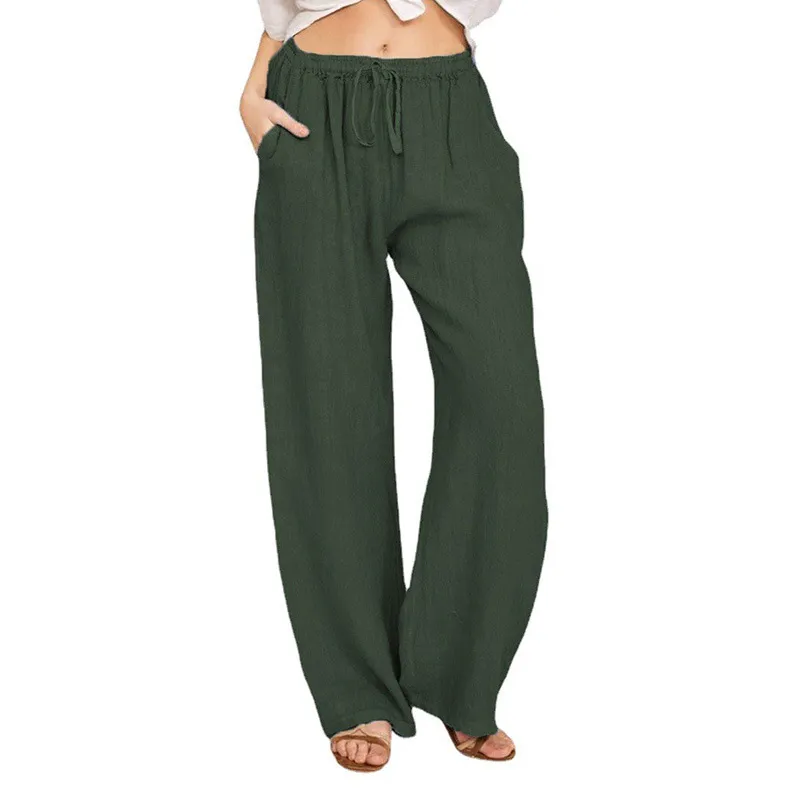 Soft Casual Drawstring Tie Trousers Summer Elastic Waist Loose Jogger Pants With Pockets - Green