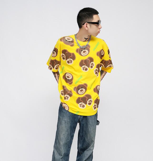 Summer Men's Guillotine Bear Print Loose Cotton Short-sleeved T-shirt Top