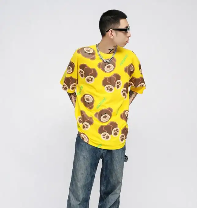 Summer Men's Guillotine Bear Print Loose Cotton Short-sleeved T-shirt Top