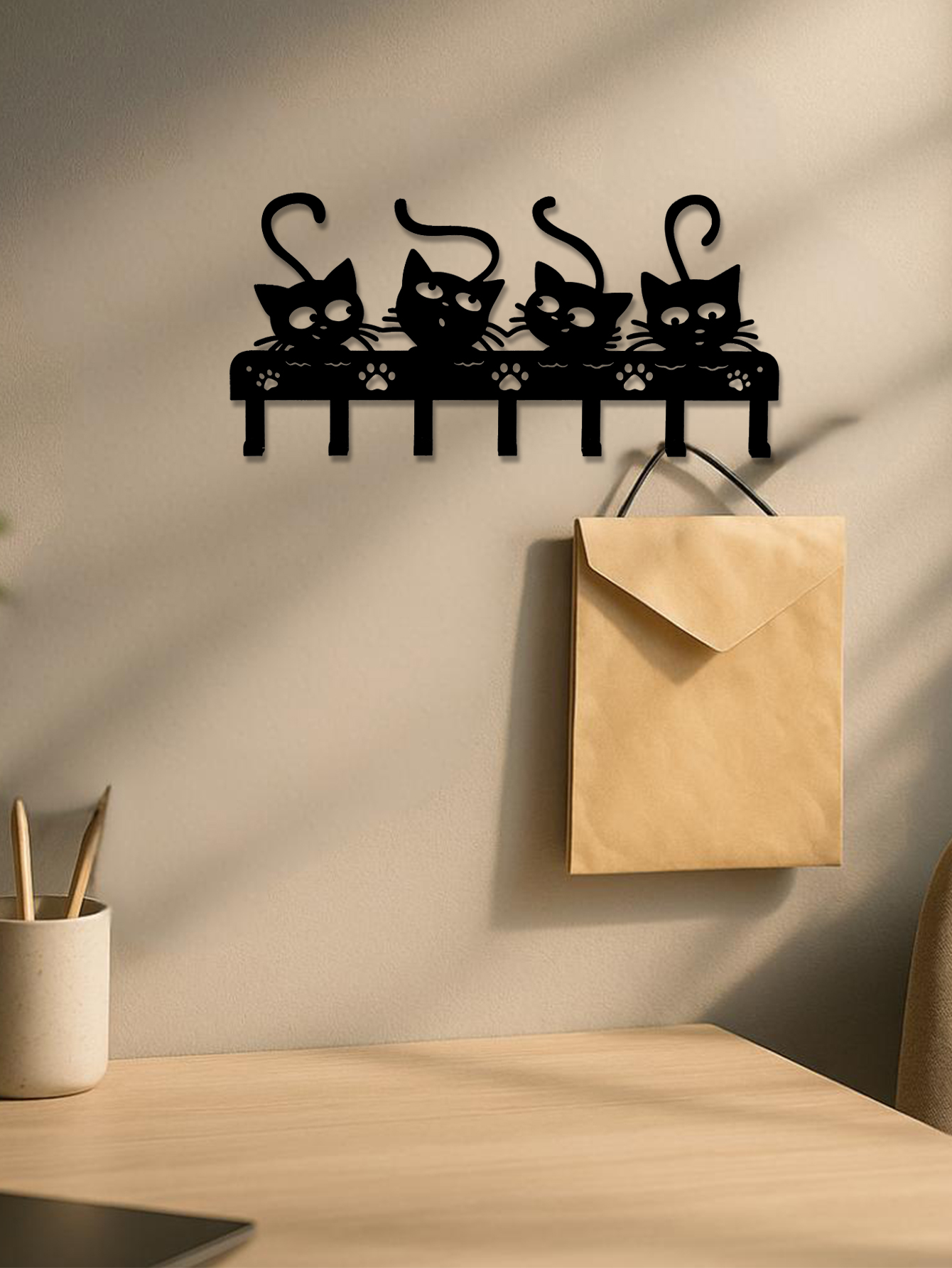 1pc Black Cats Wall Hooks Key Holder W 7 Hooks - Black Iron Wall-Mounted Rack_voghion.com