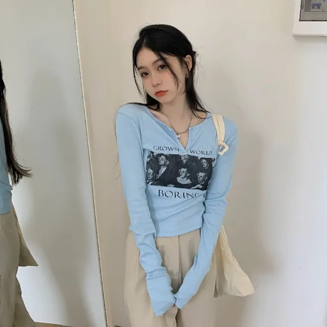 Autumn Short Slim fit Inner Base Shirt, White Long sleeved Top Blue - Shop at LoveMi