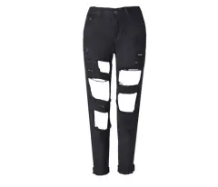 Ripped Jeans High Waist Women Ripped Hole Knee Skinny Pants - Black - View 1