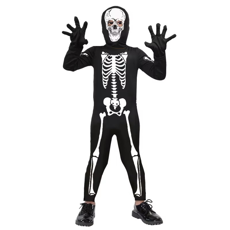 Kids Skeleton Costume Hooded Jumpsuit Boys Girls Halloween Fancy Dress — image 12