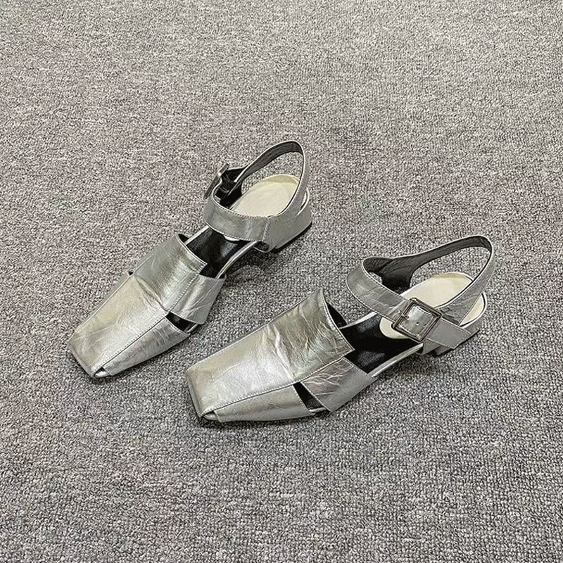 Vintage Square Toe Back Strap Mary Janes, Single Strap Low Heel Flats, Soft Leather Breathable Commuter Fashion Shoes