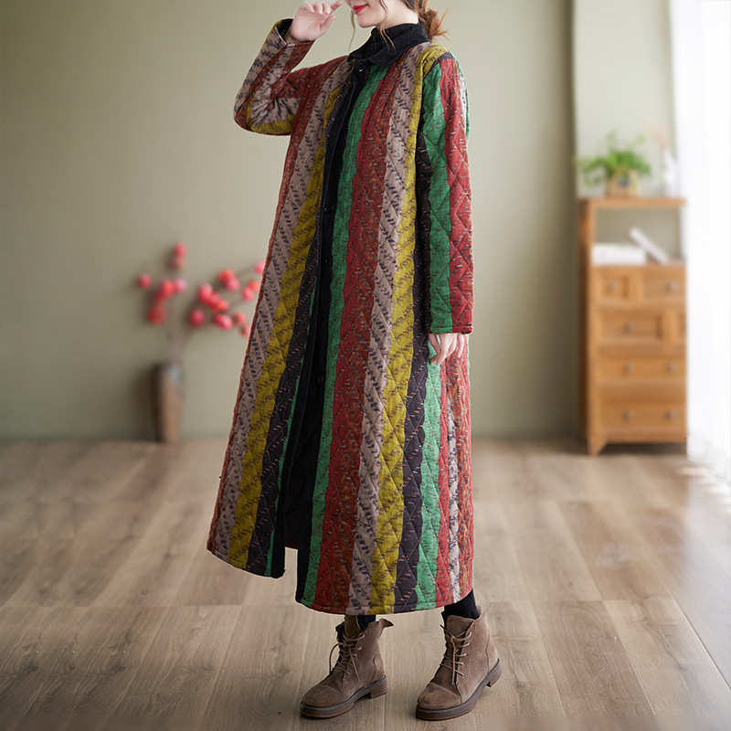 New Style Literary And Artistic Retro Ethnic Stripe Cotton Padded Clothes Women
