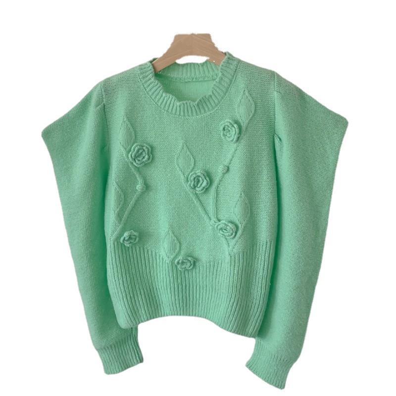 Women's Three dimensional Flower Pullover Sweater Design Sense Green - Shop at LoveMi