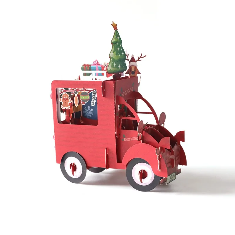 3d pop-up card - christmas red van (christmas red van-5)