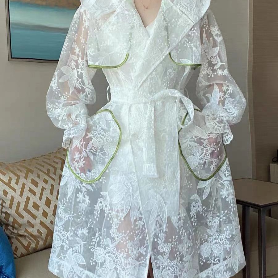 Lace Trench Coat New Style Hooded Embroidery Lantern Sleeve Over The Knee Coat Mid-length Sun Protection Clothing