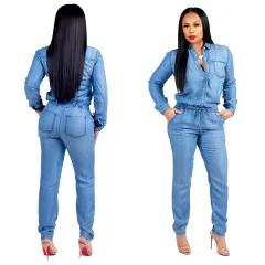 Lace-up Jeans Women's Slim Casual Jumpsuit - Blue - View 1