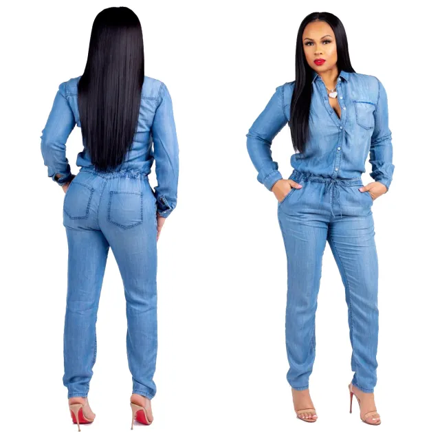 Lace up Jeans Women's Slim Casual Jumpsuit Blue - Shop at LoveMi