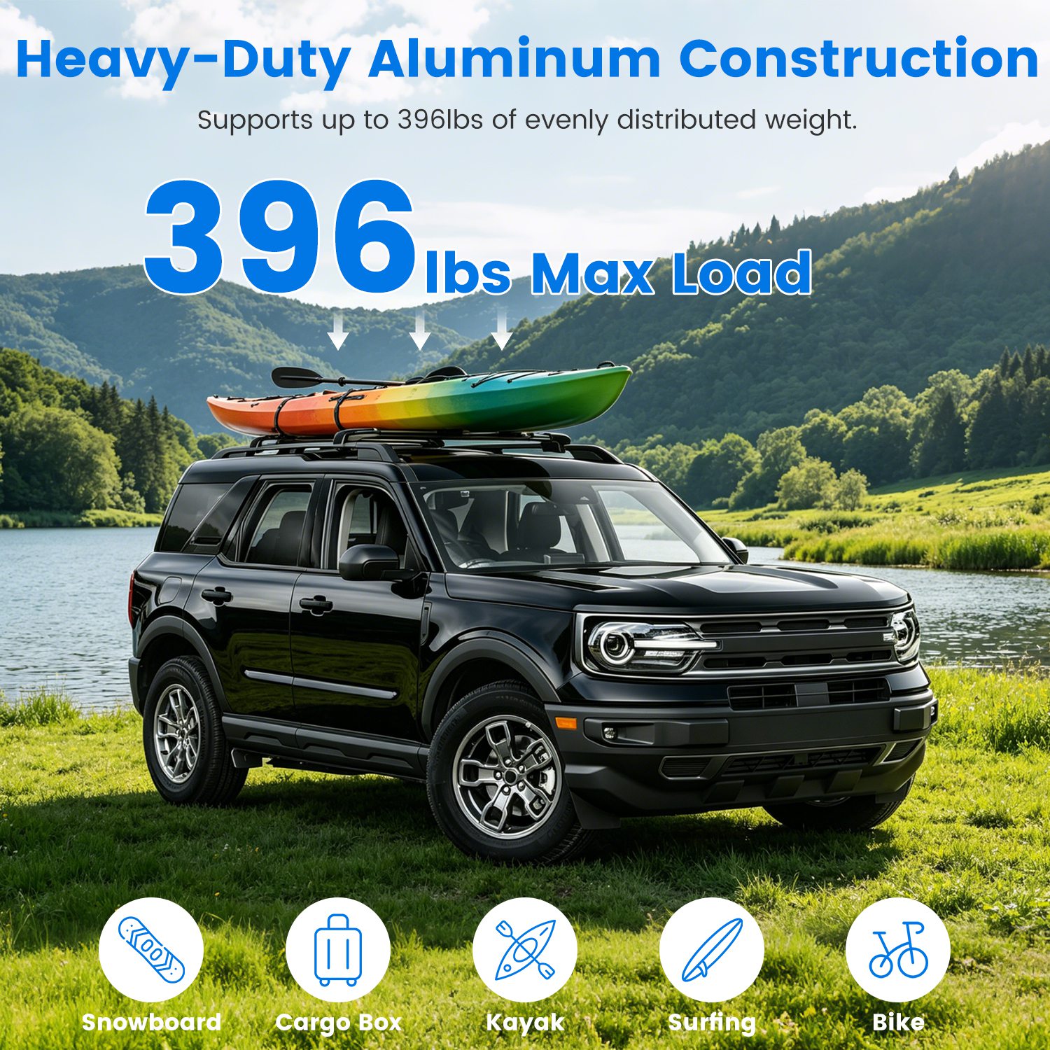Roof Rack Cross Bars Fit For Ford Bronco Sport 2021-2026 On-Road Off-Road Aluminum Lockable Car Roof Crossbar Set For Factory Raised Side Rails 396LBS Capacity For Luggage Kayak Bike