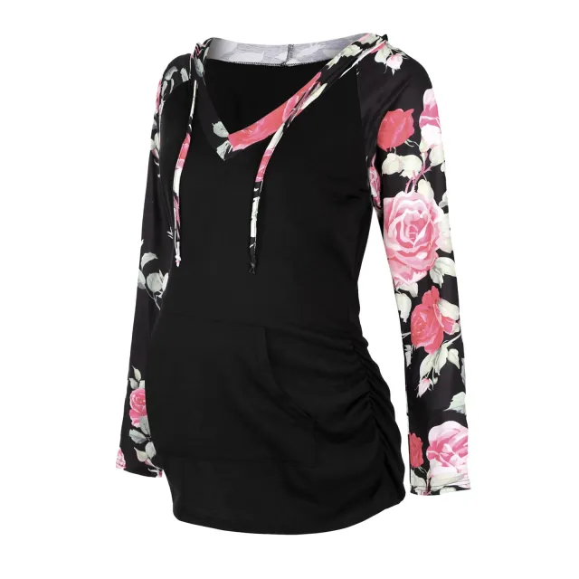 Autumn And Winter Color blocking Long sleeved Hooded Breastfeeding Jacket Flower Sleeve - Shop at LoveMi