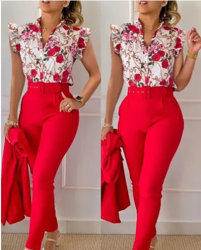 Printed Ruffle Sleeve Top Solid Color Pants Suit With Belt Red - Shop at LoveMi