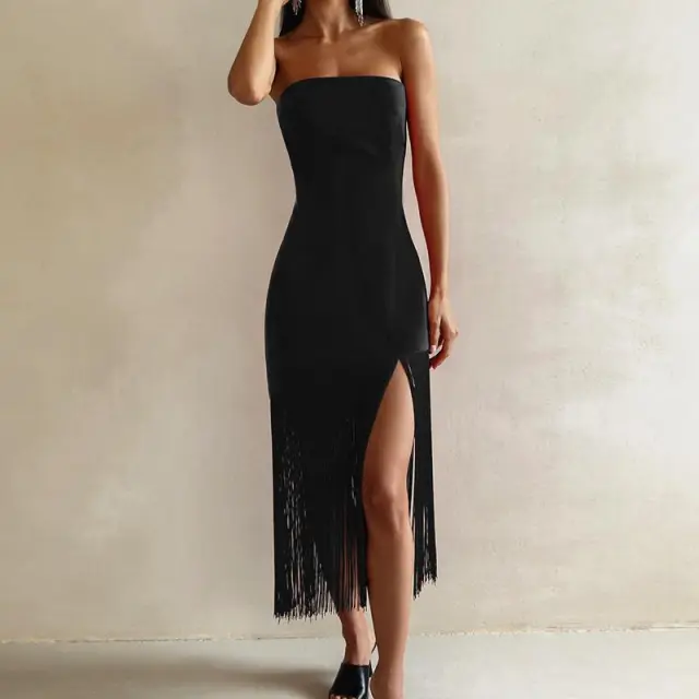 Wrap chest Fringed Stitching High end Slit Bag Hip Dress Black - Shop at LoveMi