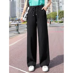 Women's Casual Pants Drawstring Elastic Waist Pants Flowy Wide Leg Trousers With Pockets - Black - View 1