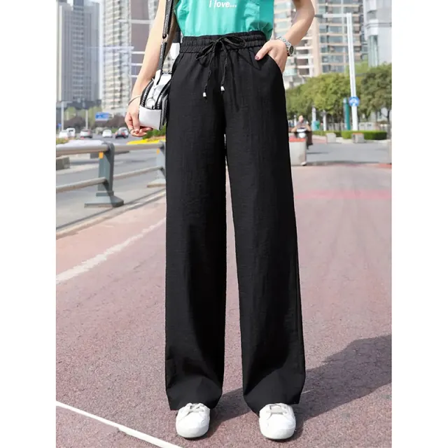 Women's Casual Pants Drawstring Elastic Waist Pants Flowy Wide Leg Trousers With Pockets Black - Shop at LoveMi